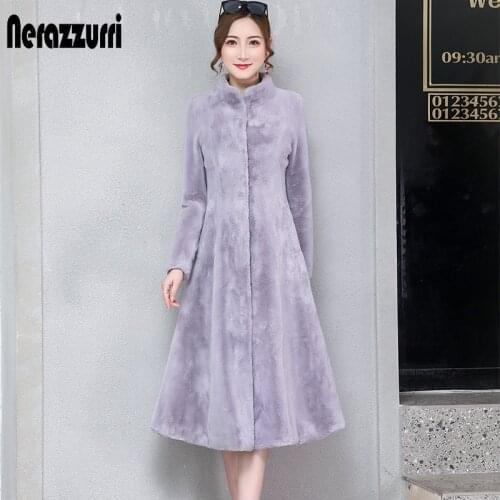 Nerazzurri fit and flare faux fur coat women long sleeve yellow grey fake rabbit fur overcoat winter plus size fluffy furry coat
