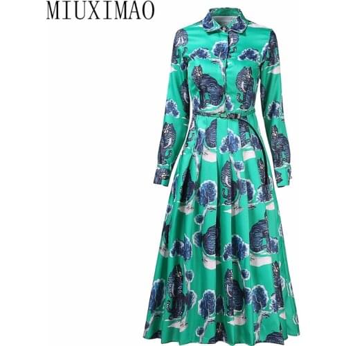 MIUXIMAO 2020 Autumn Dress Turn-down Collar Full Sleeve Sashes Cat Print Vintage Green Long Dress women With Belt