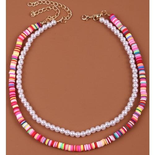 2 Pcs/Set Womens Boho Fashion Multicolor Polymer Clay Chain Necklaces Ladies Trendy White Pearl Necklace Party Jewelry Gifts