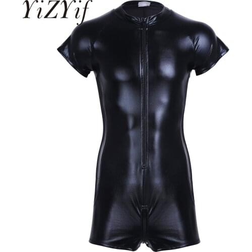 Mens Patent Leather Leotard Short Sleeves Front Zipper One-piece Evening Party Bodysuit with Mesh Side Slim Tight Bodystocking