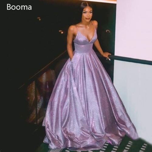 Glitter Purple V-Neck Evening Dresses Spaghetti Straps Backless Long Prom Dresses with Pockets Sleeveless A-Line Formal Gowns