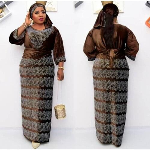 Party Dresses Plus Size Women Velvet Clothes 2021 New African Elegant Lady Outfit Top & Skirt & Turban Suit Muslim Sets Abaya