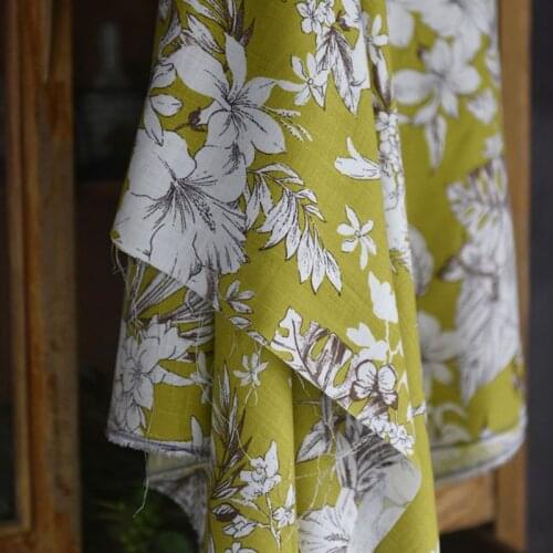 High quality linen cotton fabric White flower printing tissu Dress shirt clothing tablecloth hand decoration material