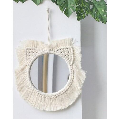 Cat Shape Macrame Mirror Wall Hanging Boho Home Decorative Wall Mirrors For Living Room Decoration Bedroom Baby Nursery Gift