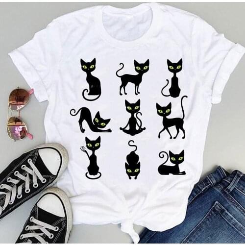 Women Cartoon Cat Animal Pet Ladies 90s Cute Fashion Print Sweet Summer Short Sleeve Lovely Clothes Tops Tees Tshirt T-Shirt