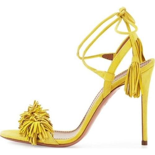 New Colors Yellow Tassel Fringe Suede Women Sandals Lace Up Ankle Strappy High Heels Sandals Woman Prom Dress Shoes 2018