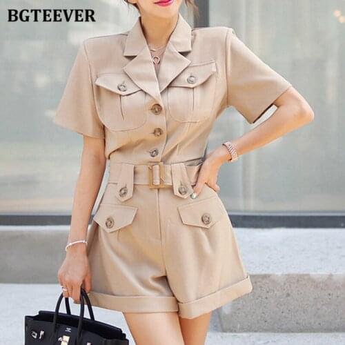 BGTEEVER Elegant Notched Collar Women Short Sleeve Rompers Jumpsuits Ladies Single-breasted Belted Overalls 2021 Summer Playsuit