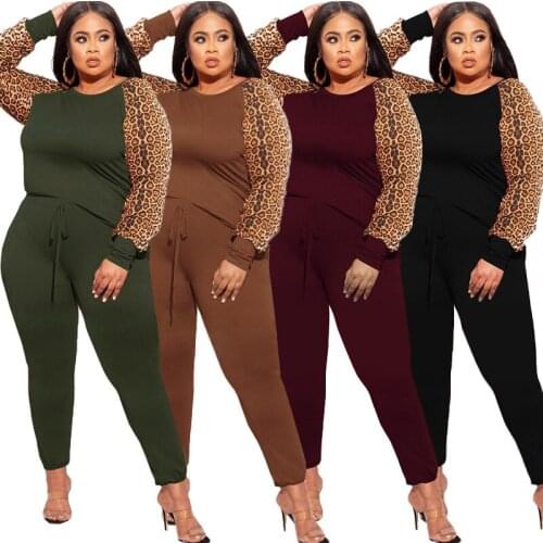 Women Tracksuit 2 Piece Set Plus Size XL~5XL Leopard Printed Two Piece Sets Long Sleeve Tops + Pants Birthday Matching Outfits