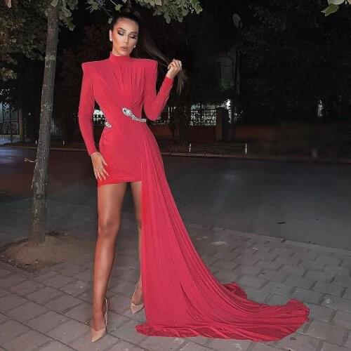 Red Long Sleeves Formal Evening Dresses Beadings With Robe High Neck Short Celebrity Prom Party Gowns For Women