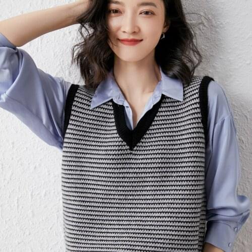 2021 Cashmere Vest Womens Autumn Winter New All-Match V-Neck Striped Sleeveless Top Loose 100%Pure Wool Knit Waistcoat Sweater