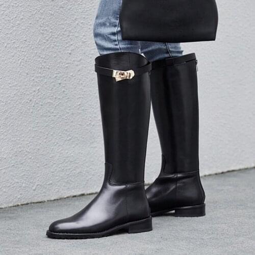 Winter Boots Women Knee High Boots Fur Warm Boots New Fashion Real Leather Women Shoes Round Toe Heel Black Ladies 2020
