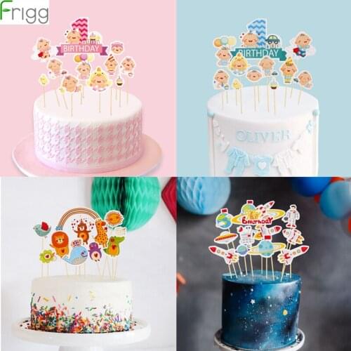 1set Baby Boy Girl DIY Cake Topper Decor Happy Birthday Party Kids Favors Space Rocket Zoo Animals Cake Topper Cake Decorations