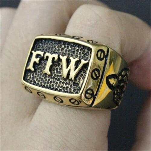 1pc Size 8-15 Golden Color FTW Cool Ring 316L Stainless Steel Man Boy Fashion Biker Style Ring