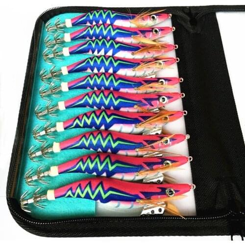 10Pcs Squid Jig Bait Shrimp Fishing Lures 3.5# Hooks Artificial Wooden Luminous Jigging Lure with Bag