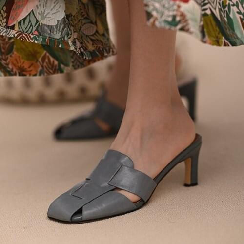 2021 Summer Slippers Womens Outer Wear Cow Genuine Leather Blue High Heels Slipper French Square Toe Mules Shoes Women Sandals