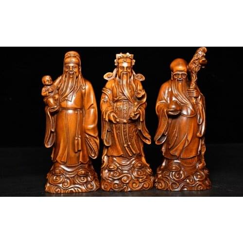 6" China Collection Old Boxwood Three Buddhas God of Wealth Buddha Statue set Symbol of happiness, auspiciousness and longevity