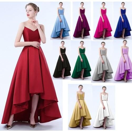 Strapless Hi-Lo Satin Evening Dresses Beaded Waist Formal Party Gowns Sleevelss Robes De Soiree