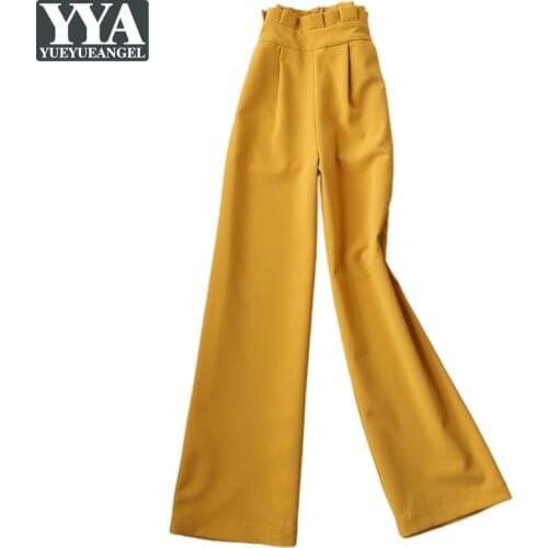Autumn New Office Ladies Ruffles High Waist Wide Leg Pants Women Slim Fit Long Trousers Female Casual Business Work Suit Pants