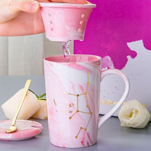 Ceramic Tea Mug with Infuser and Lid 400ml Twelve Constellations Pink Marble Coffee Mugs for Wife Anniversary Gift