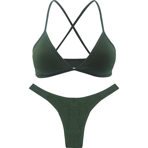 2020 Hot Sale Women Lingerie Set Solid Color V-neck Ladies Bralette Thong Set Striped Cotton Cross Back Femme Underwear Set