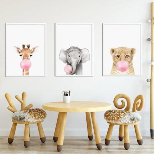 Cute Animal Giraffe Elephant Pink Balloon Canvas Painting Nursery Wall Art Prints Poster Decorations for Home Kids Bedroom Decor