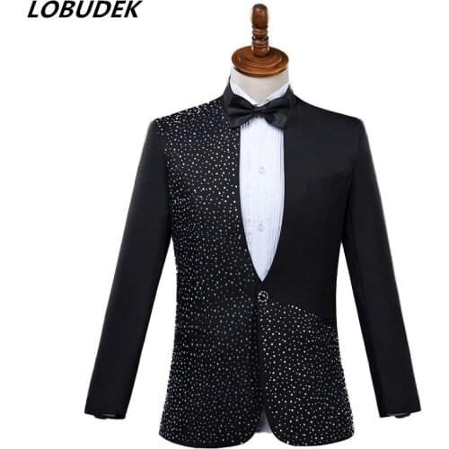 Men Suits Sparkly Rhinestones White Black Suit Formal singer Chorus Prom Compere Master for Wedding Host performance Costume