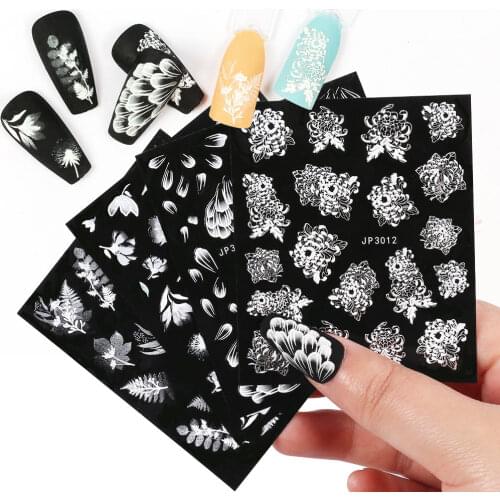 4PCS 5D Leaf Flower Laser Nail Stickers White Elegant Embossed Slider for Gel Polish Nail Decals Decoration Tips