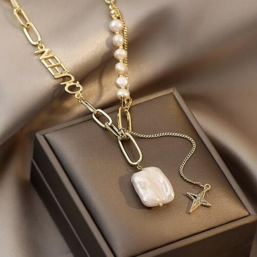 Origin Summer Textured Irregular Freshwater Pearl Star Pendant Necklace for Women Asymmetry Letter Chain Metal Necklace Jewelry
