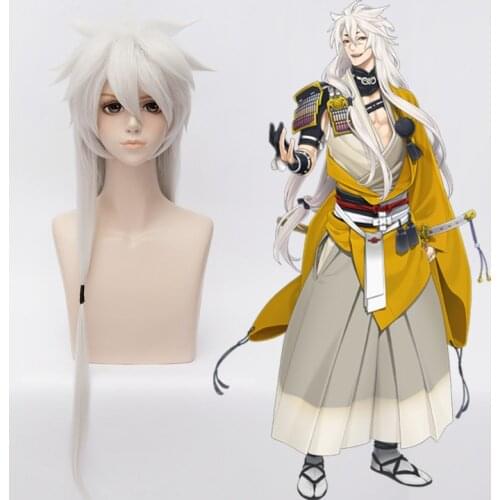 100cm Game Touken Ranbu Online Kogitsunemaru Cosplay Long Straight Silver White Synthetic Hair Wigs + Free Wig Cap