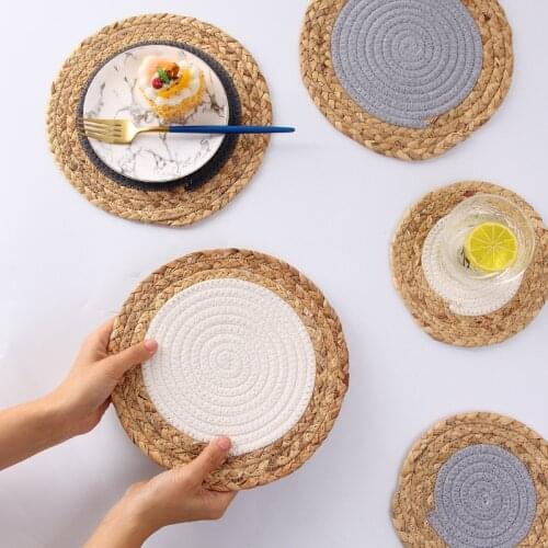 Straw Cotton Cord Double-Piece Placemat Durable Heat Proof Mat Hand-Woven Placemat Potholder Kitchen Dining Table Cushion