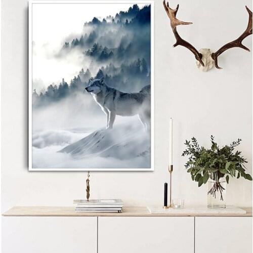 Nordic Wolf Snow Mountains Art Canvas Poster Minimalist Print Nature Picture Modern Home Room Decoration