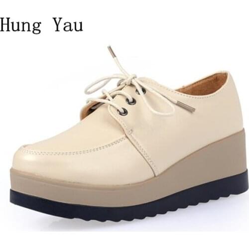 Women Shoes Genuine Leather Casual Oxford Flat Shoes Platform Woman Walking 2018 Autumn Fashion Lace Up Low Heeled Skid