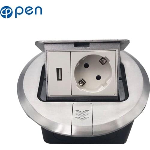All Aluminum Silver Panel Pop Up Floor Socket 16A Russia Spain EU Standard Power Outlet With USB Charging Port 5V 1A