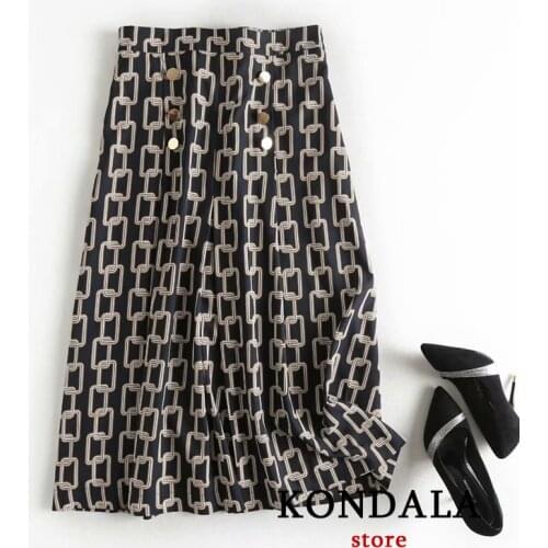 Za 2020 women england office lady urban elegant Iron chain print midi skirt faldas mujer moda high waist elastic long skirts