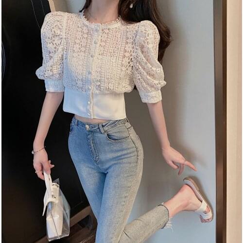 Lace Embroidery Blouse Women French Hollow Out Crewneck Blusa Shirts Summer 2021 Elegant Short Sleeve Female Top