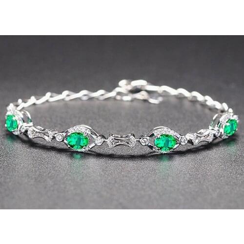 Green crystal emerald gemstones diamonds chain bracelets for women white gold silver color jewelry bijoux fashion bague gifts