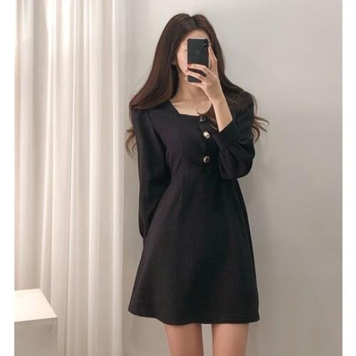 COIGARSAM Women Dress Spring 2021 Square Collar High Waist Red Black Dresses Traf Robe Vestidos