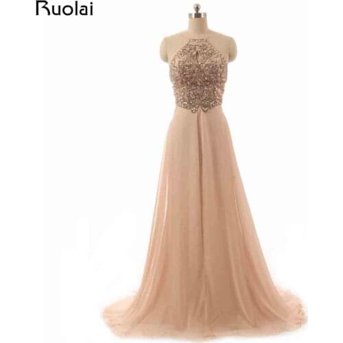 Real Picture Sexy Halter A-Line Chiffon Floor Length Beaded Long Evening Dresses Prom Party Gown Vestido de Fiesta ASAE50