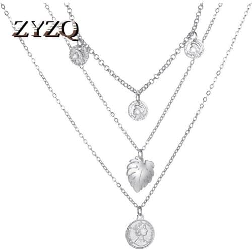 ZYZQ Vintage Long Multilayer Leaf Portrait Necklace Personality 3 Layer Currency Pendant Ladies Accessories