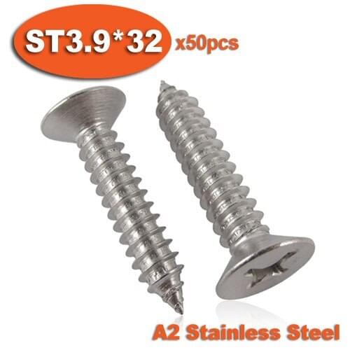 50pcs DIN7982 ST3.9 x 32 A2 Stainless Steel Self Tapping Screw Cross Recessed Countersunk Head Self-tapping Screws