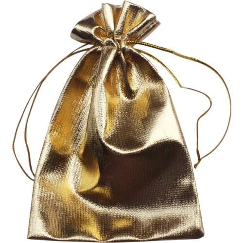 50pcs)Gold and silve satin drawstring polyester gift bag for wedding pouch customize size and logo