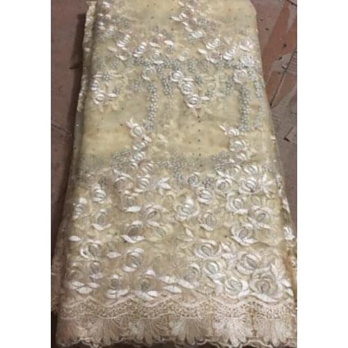 Beige 2020 African Net Lace Fabric, High Quality Elegant Nigerian Wedding Lace Fabrics 5Yards Stones French Tulle lace YLL1001