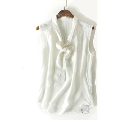 Woman Summer Natural Silk Blouse Sleeveless V neck Office Wear Real Silk Blouses White/Black casual Silk Shirt Blouse for Women