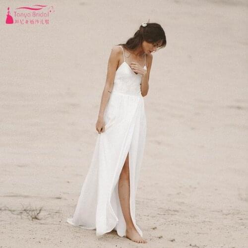 Bohemian Wedding Dresses A Line V Neck Backless Lace Chiffon Beach Bride Dress With High Split Sexy Summer Bridal Dress MBP08