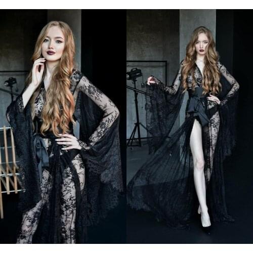 Black Bridal Sleepwear Womens Robe & Gown Sets Lace Bathrobe Night Dress Sexy Illusion Womens Designer Pyjamas Femme Lingerie