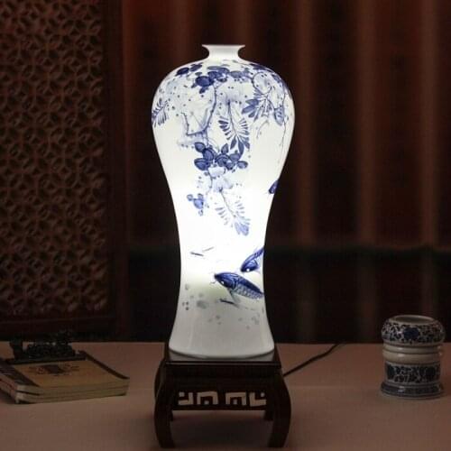 Jingdezhen Chinese Minimalism Living Room Bedroom Study Light Bulb Ceramic table Lamp Floor Lamp Painted Lotus flower table lamp