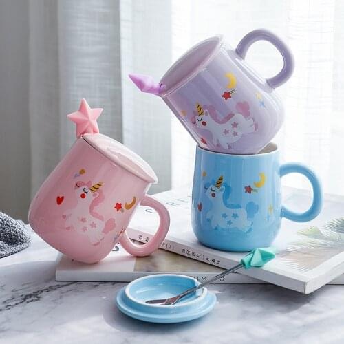 Cartoon Unicorn Coffee Mug With Lids 3D Star Spoon Pink Coffee Milk Tea Cup Creative Gift For Girls Cute