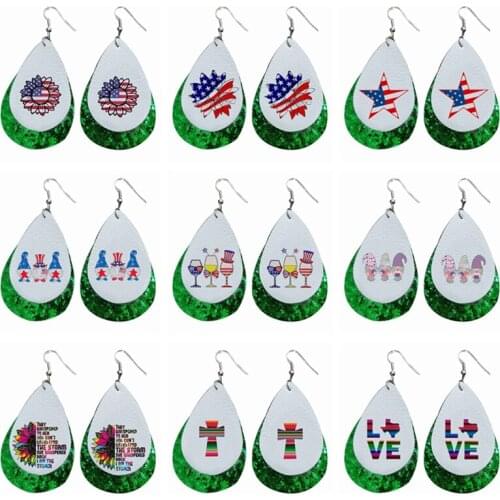 Diy 4 th Of July Earrings Sets New Patriotic Usa Flag Sunflower Gnomes Cross Print Glitter Layers Faux Leather Earrings
