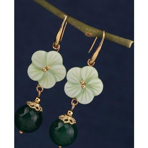 Original ethnic long earrings vintage green shell flower drop earrings for women and girl jewelry