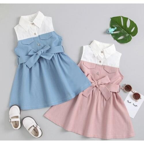 3-7Years Lovely Kids Girls Dress With Belt Solid Patchwork Sleeveless Turn Down Collar A-Line Sundress
